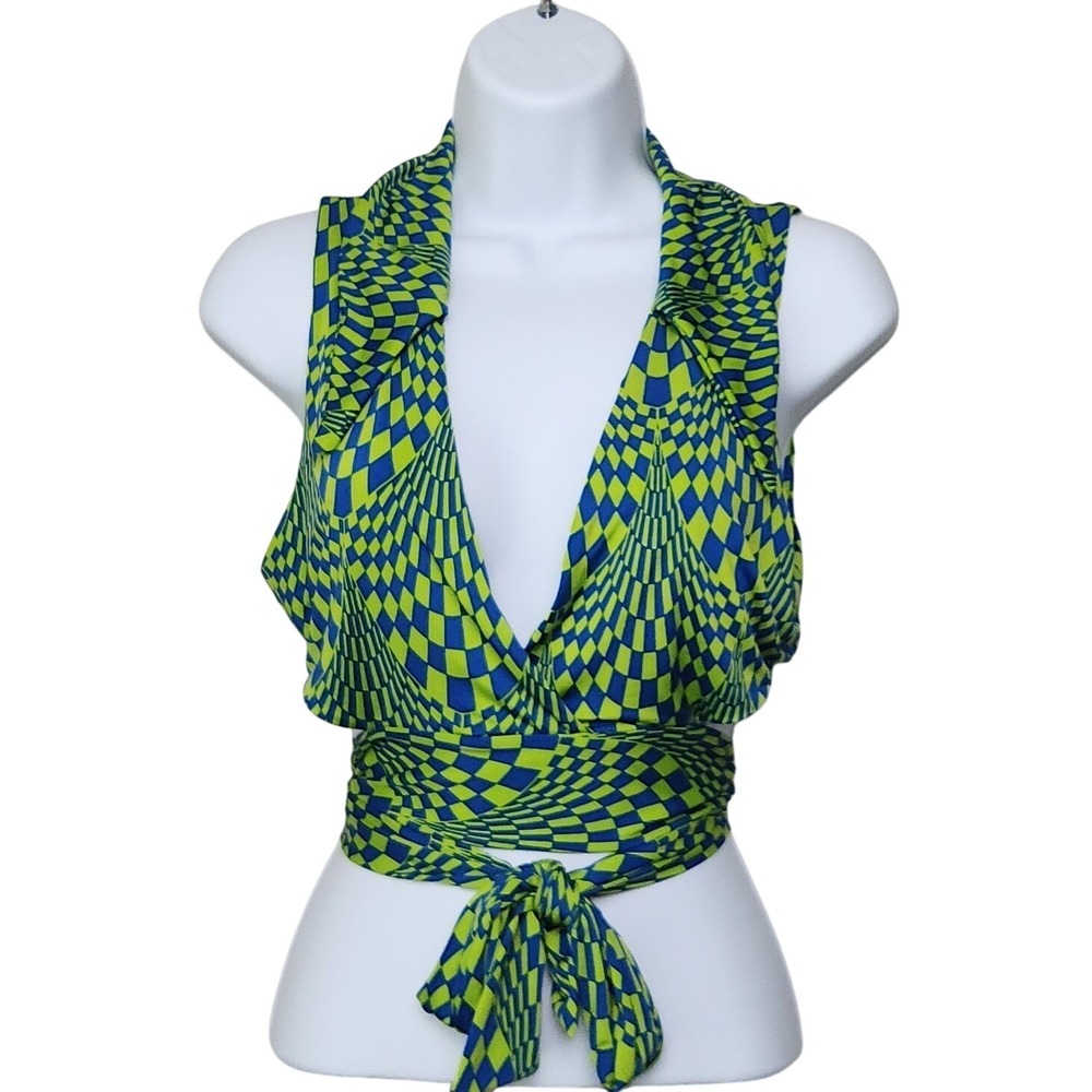 Y2K Tie Wrap Crop Top Sz M Green Clubwear Festival Rave Neon Psychedelic Sabora